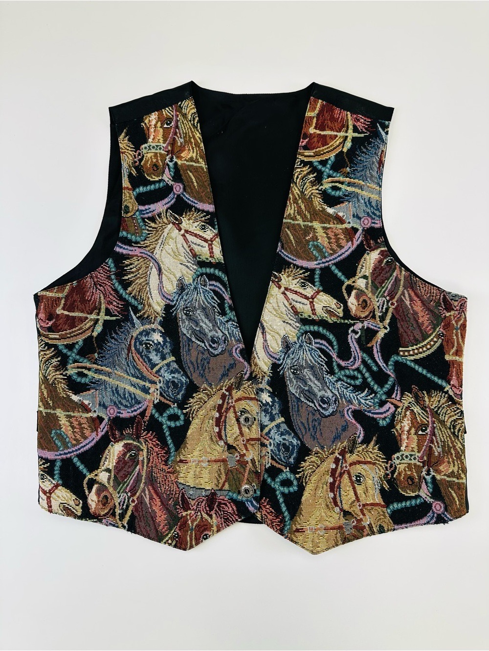Vintage 90s Horse Equestrian Tapestry Vest Tie Back Western Riding Unisex